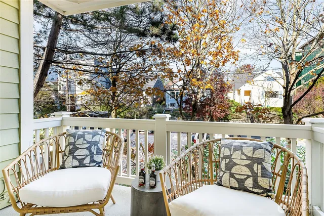 a view of balcony with furniture