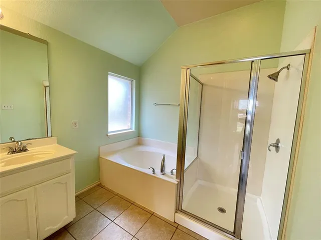 a bathroom with a tub sink vanity and mirror