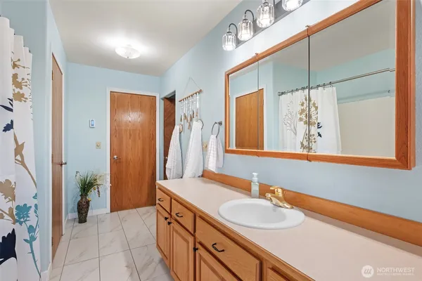 a bathroom with a sink a mirror and a shower