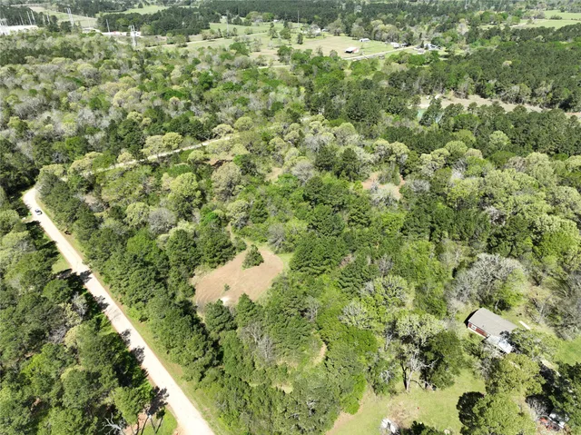 an aerial view of residential houses with outdoor space and trees