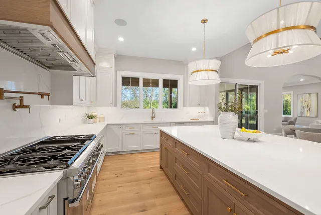 a kitchen with a potted plant on the counter and cabinets