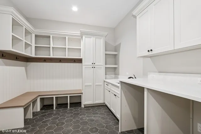 a view of cabinets and window