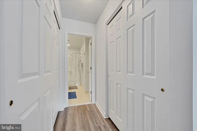 a view of a hallway with wooden floor and closet
