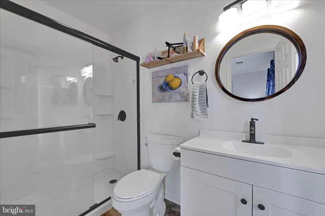 a bathroom with a sink a mirror a toilet and a shower