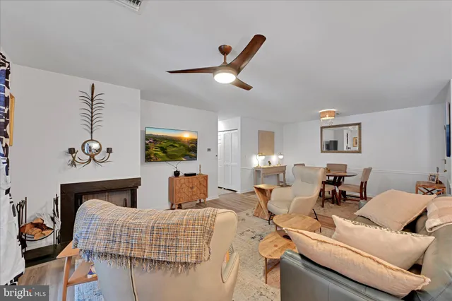 a living room with furniture and a ceiling fan