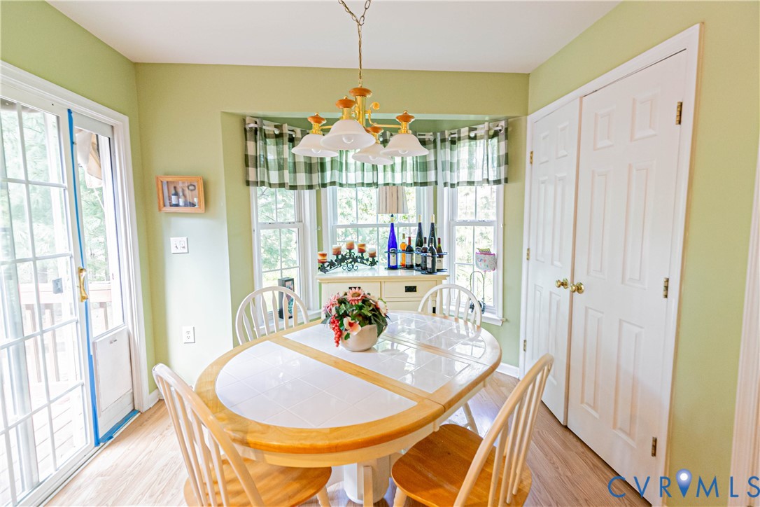 401 Loyalist Drive Ruther Glen, VA 22546 - Photo 19 of 44 a dining room with furniture a chandelier and wooden floor