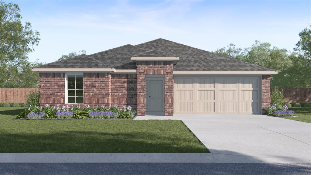 View of front of home with driveway, a garage, brick siding, and roof with shingles