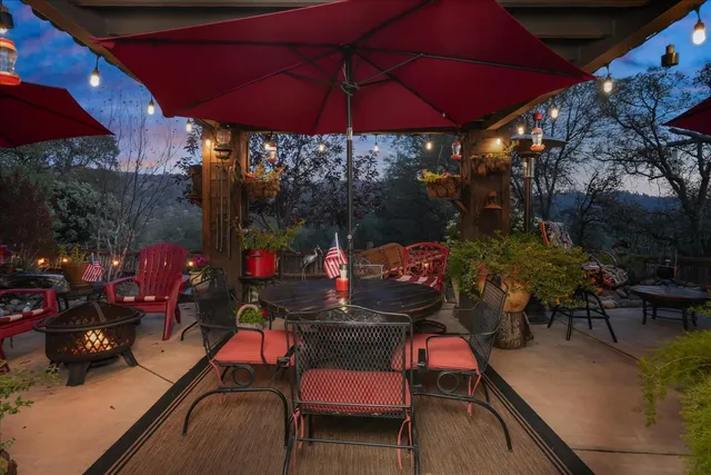 an outdoor space with seating