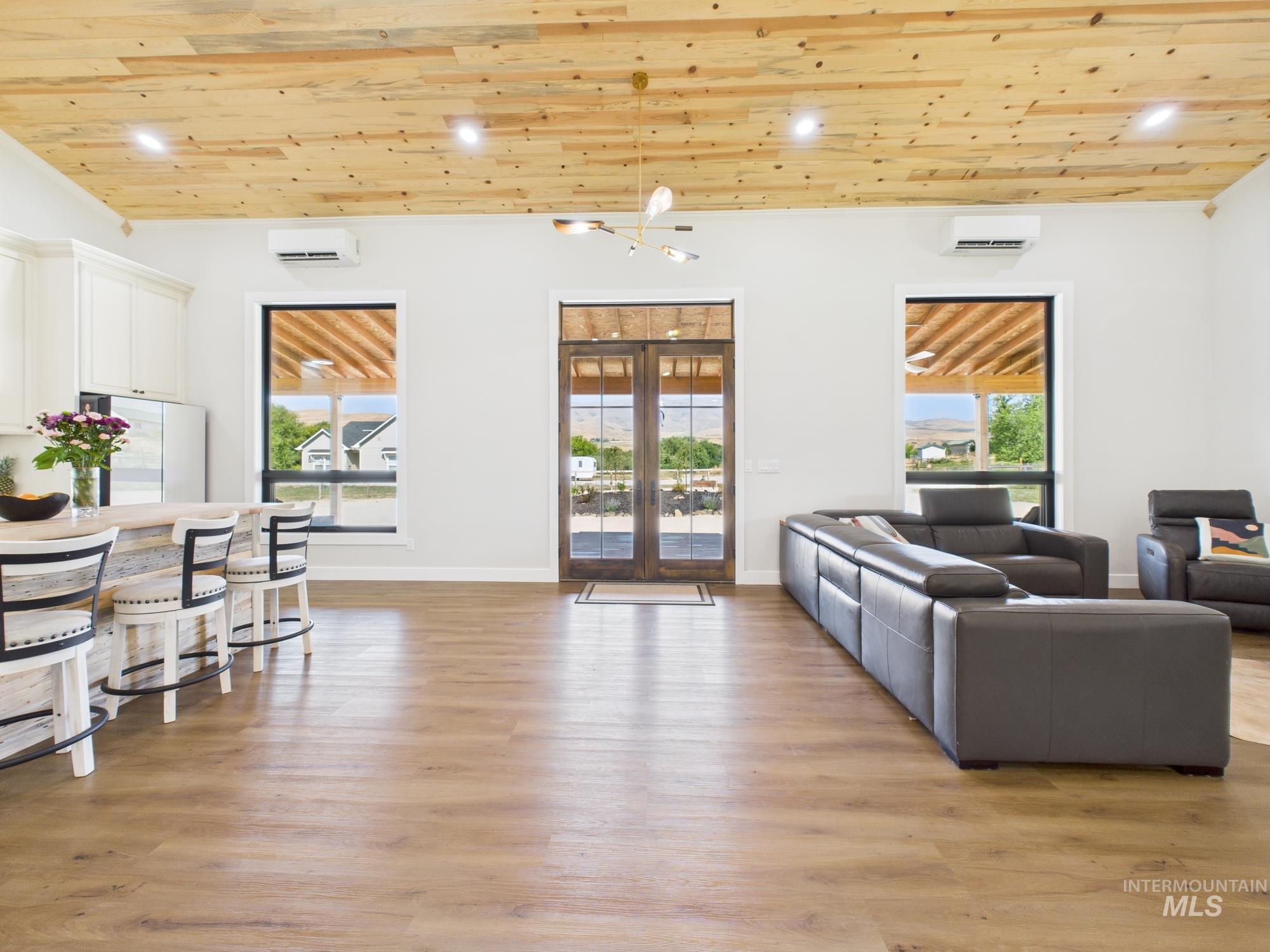 6501 Sweet Ola Highway Sweet, ID 83670 - Photo 3 of 43 Living room featuring wooden ceiling, light wood-style floors, plenty of natural light, recessed lighting, and french doors