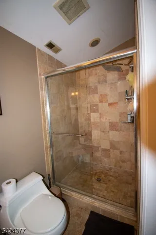 a bathroom with a shower and toilet