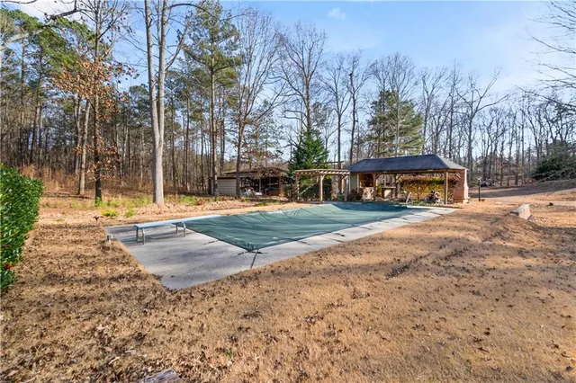 a view of a park with trees and bushes