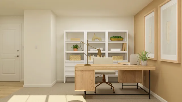 a workspace with furniture and a window