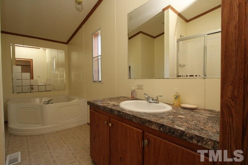 350 Big Pine Road Clayton, NC 27520 - Photo 10 of 20 a bathroom with a granite countertop sink a mirror and a bathtub