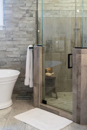a bathroom with a shower and a toilet
