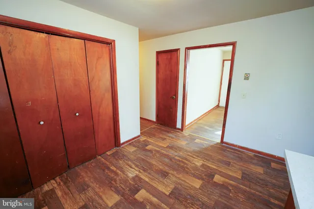 a view of a room with wooden floor and closet