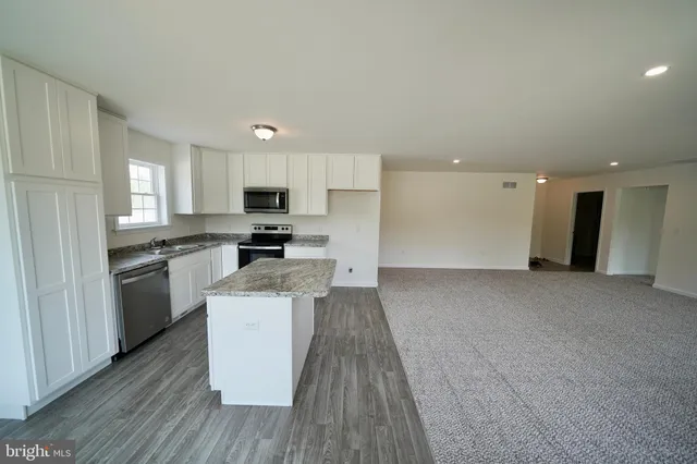 a kitchen with stainless steel appliances granite countertop a sink a stove a refrigerator and a microwave