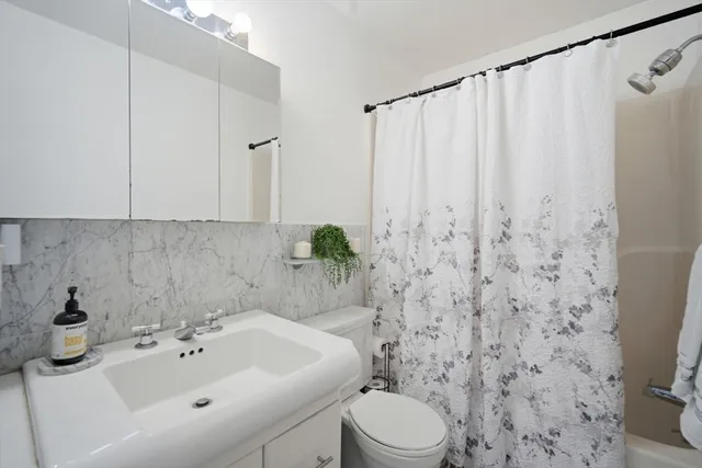 a bathroom with a sink a toilet and shower curtain