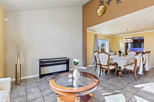 a view of a dining room with furniture