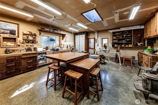 a view of a dining room with furniture