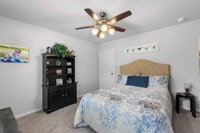 a bedroom with a bed and ceiling fan