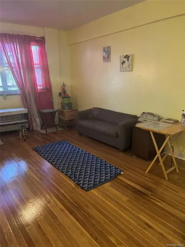 a living room with a couch and a bookshelf with wooden floor
