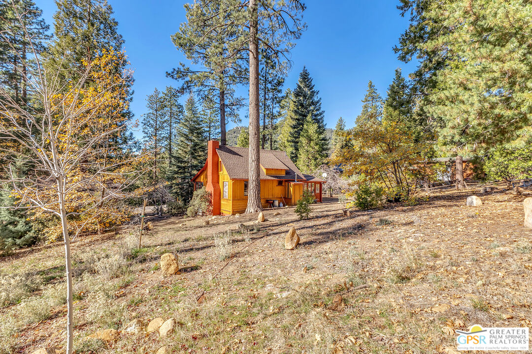 25250 Rim Rock Road Idyllwild, CA 92549 - Photo 56 of 72 a backyard of a house with large trees and wooden fence