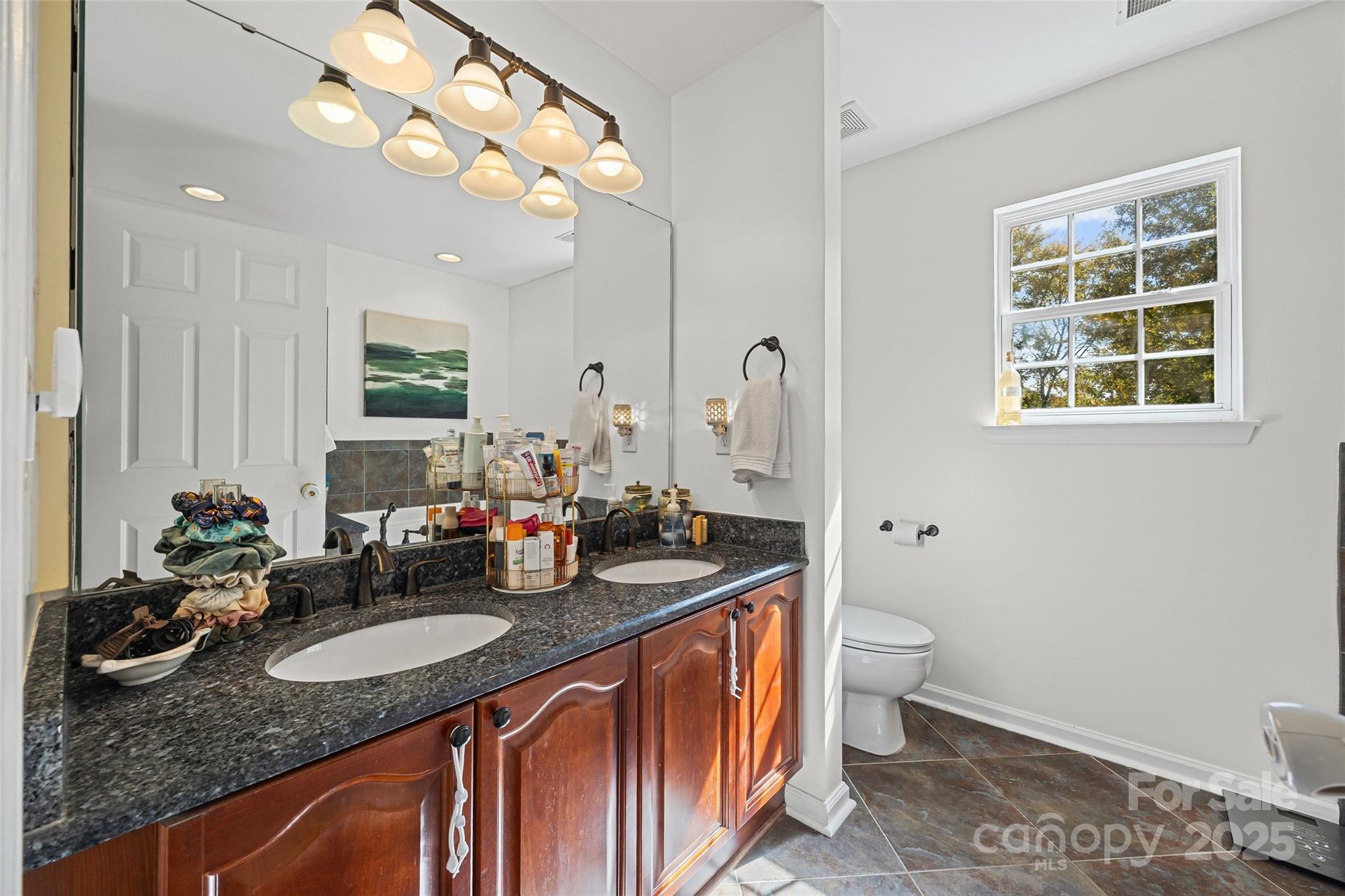 543 St George Road Fort Mill, SC 29708 - Photo 23 of 42 a bathroom with a granite countertop sink a toilet a mirror and a shower