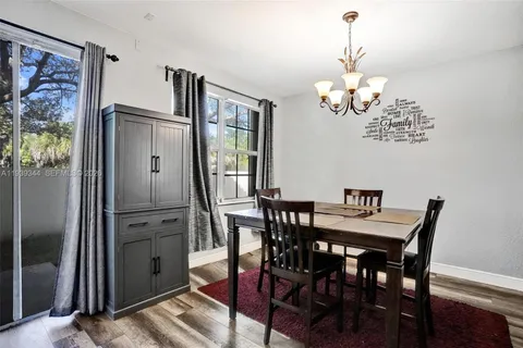 a view of a dining room with furniture wooden floor and a chandelier