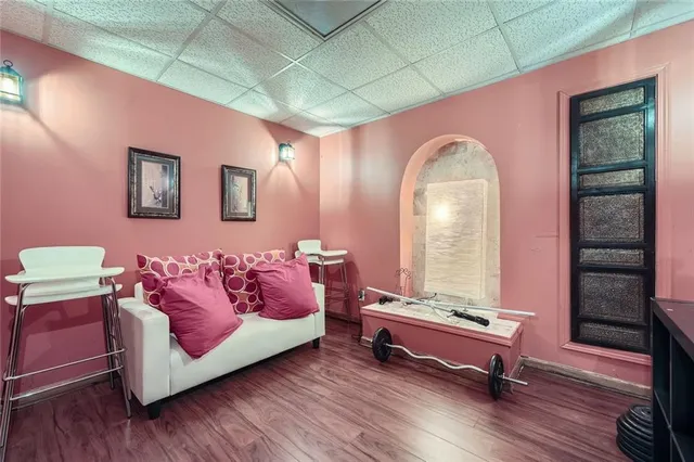 a living room with a couch and a table