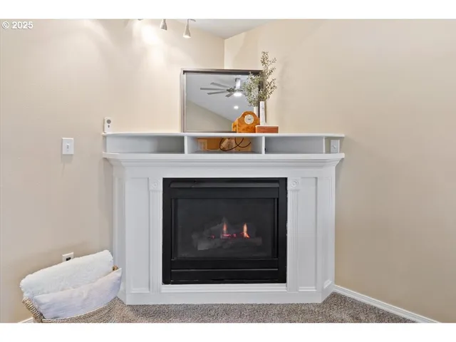a living room with a fireplace