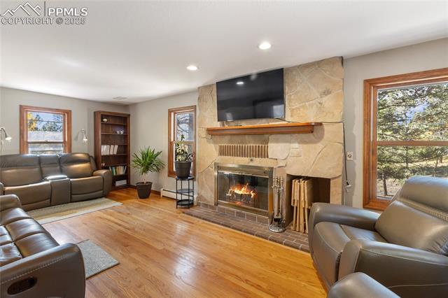 356 Spring Valley Drive Divide, CO 80814 - Photo 12 of 50 Main level living room with wood burning fireplace, hardwood floors, and fully furnished