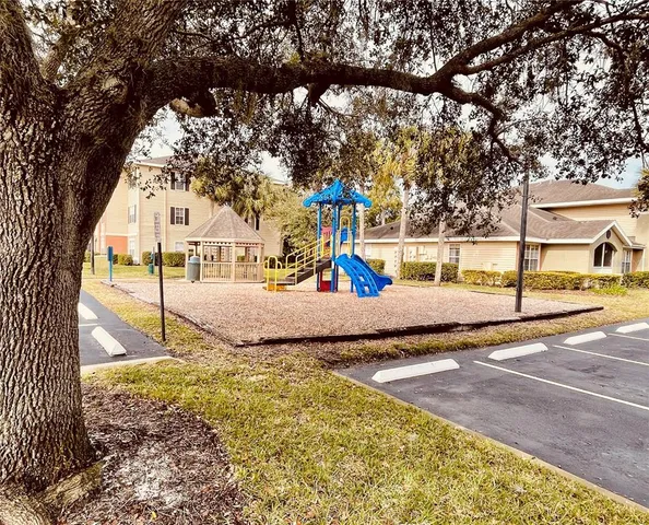 a view of a park with large trees
