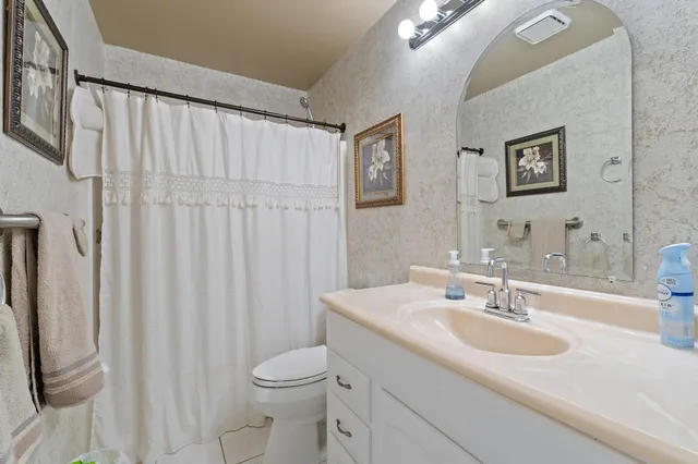 a bathroom with a sink a toilet and shower curtain