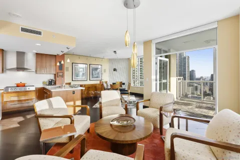 a view of a dining room with furniture window and outside view