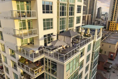 a living room with furniture and a table