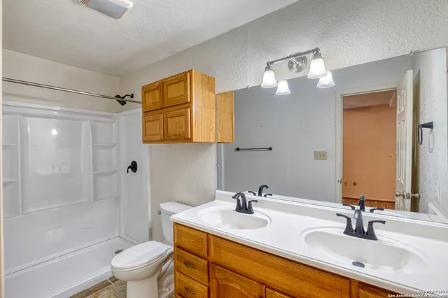 a bathroom with a sink a toilet and shower
