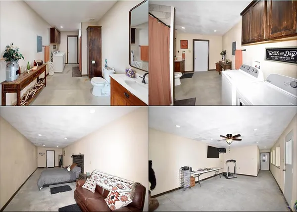 a backyard of a house with lots of green space and lake view