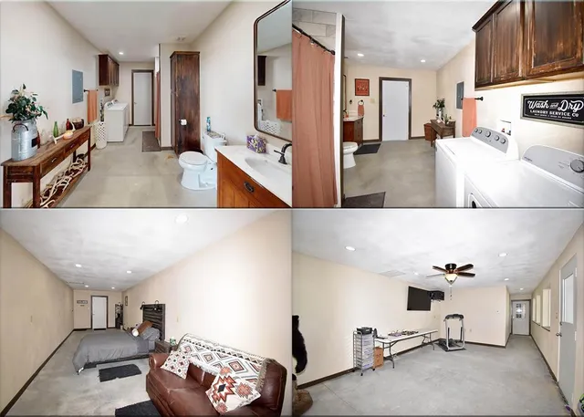 a backyard of a house with lots of green space and lake view