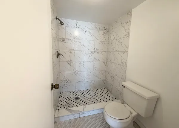 a bathroom with a toilet and a shower