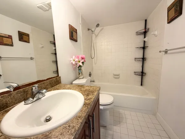 a bathroom with a granite countertop sink a toilet and shower