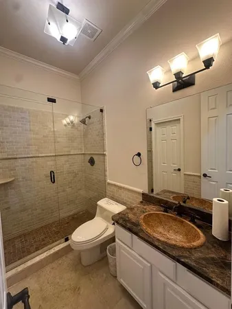 a bathroom with a granite countertop sink a toilet a mirror and shower