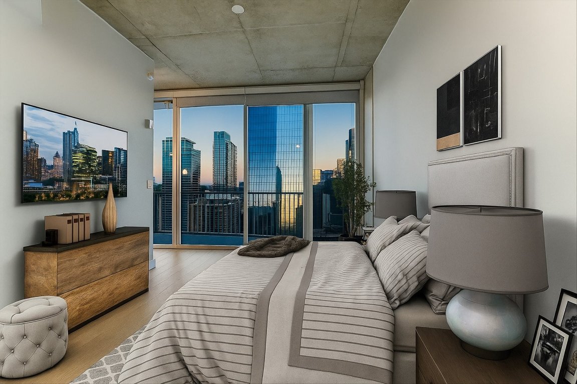 360 Nueces Street, Unit 3207 Austin, TX 78701 - Photo 14 of 30 a bedroom with furniture and a flat screen tv