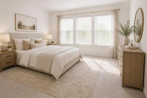 a spacious bedroom with a bed and a window