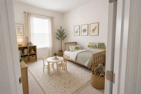 a bedroom with a bed and a table in it