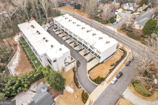 an aerial view of a swimming pool