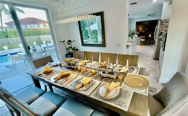 a view of a dining room with furniture wooden floor and a chandelier