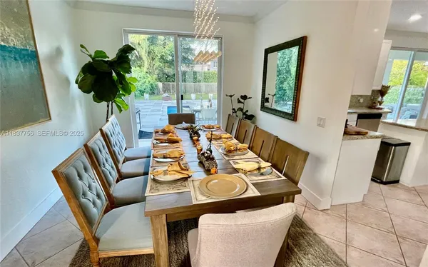 a view of a dining room with furniture window and outside view