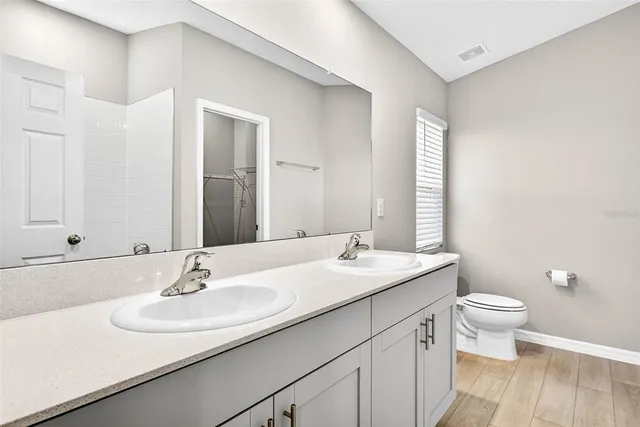 a bathroom with a sink and a mirror with toilet