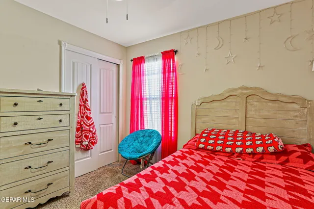 a bedroom with a bed and a closet