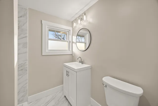 a bathroom with a toilet a sink and a mirror
